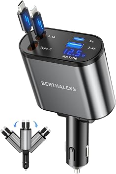 Retractable Car Charger,4 in 1 Fast Charging Car Charger with USB-C & USB-A