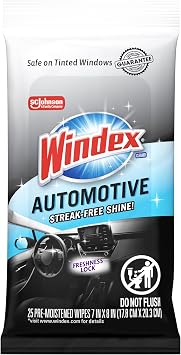 Windex Auto Wipes for Car Windows, Mirrors and Screens, Pre-Moistened Car Cleaner Wipes for Quick Streak-Free Shine, Guaranteed Safe for Tinted Windows and Electronics, 25 count (Pack of 1)