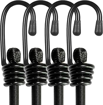 BEXSLE Bungee Cords with Hooks, Heavy Duty Outdoor Elastic Bungee Straps，No Odour Industrial Grade Bungee Rope for Securing Tarps, Luggage, Tents, Bikes or Garden Tidying 24inch 4Pcs (Black)