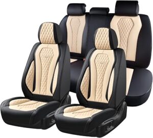 Coverado Car Seat Covers, Leather Seat Covers Full Set, Beige Seat Covers, Car Seat Cushion, Driver Car Seat Covers, Waterproof Car Seat Protector Fit for Most Cars