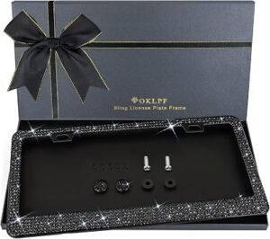 Bling License Plate Frame for Women, 1PCS Sparkly License Plate Frames| Over 1200 pcs 14 Facets Bedazzled Clear Glass Rhinestone Crystals w/Free Glitter Diamond Box (Black)
