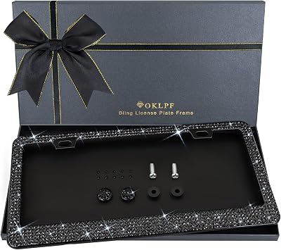 Bling License Plate Frame for Women, 1PCS Sparkly License Plate Frames| Over 1200 pcs 14 Facets Bedazzled Clear Glass Rhinestone Crystals w/Free Glitter Diamond Box (Black)
