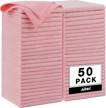 AIDEA Microfiber Cleaning Cloth Pink 50PK, Microfiber Towels 12×12"