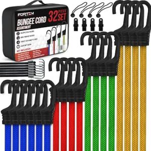 FORTEM Bungee Cords with Hooks, 32pk 10" 18" 24" 32" 40 Bungees & Tarp Ties